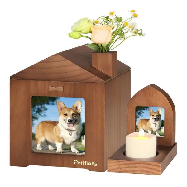 Urnas de animais de estimação com cremação do funeral de PO Frame Small Box Wood Urn Memory Memory Pet Picture Picture Handicraft Handicraft 240424