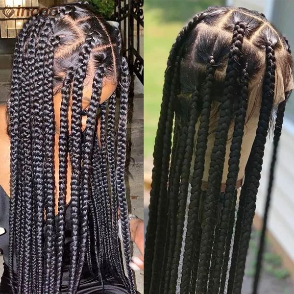 Siyah kadınlar için jumbo düğümlü kutu örgüler peruk sentetik kornişler peruk taklit locs dreadlocks tam dantel ön peruklar kabile braides 240426