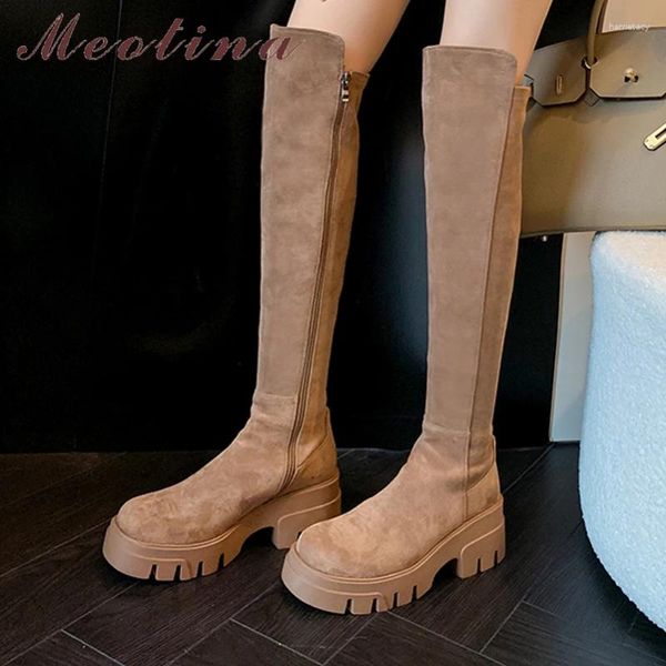 Boots Women Meotina Women Over-the-Knee Round Toe Platform Block High Heels Zipper Long Boot Lady Shoes Fashion Shoes Autumn Inverno Black 40