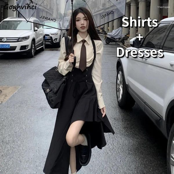 Arbeitskleider Sets Frauen stilvoller koreanischer Stil elegant ärmellose süße Tunika Retro Girlish Shirts Autumn College Zwei -Stück -Outfits