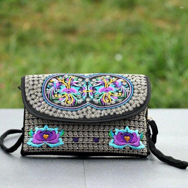 Omuz Çantaları 2024 Etnik Tarz Nakış Çantası Fermuar Çift Taraflı Kadınlar Bolso Mujer için Crossbody Çantaları