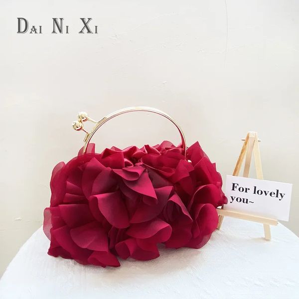 Dai ni xi luxuoso sedas com bolsa de bolsa de flores para mulheres, manuseio de metal de metal, gole de cetim de casamento de casamento 240423