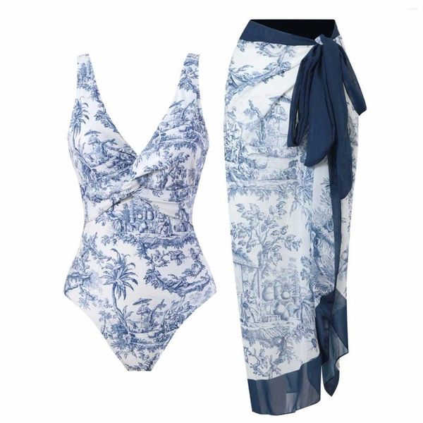 Frauen Badebekleidung dünner Druck Bikini Soak Spa Chiffon Langer Rock Badeanzug Set Womens Guard Kurzschläfe Plus Größe