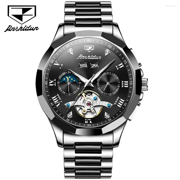 Нарученные часы JSdun Luxury Watch for Men Skeleton Hollow Out Маховик Автоматические механические наручные часы Лунный фазовый календарь водонепроницаемый