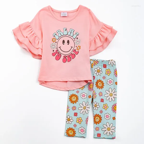 Set di abbigliamento GirlyMax Spring Summer Baby Girls Coral Top Boutique Copris Set di cotone Capris