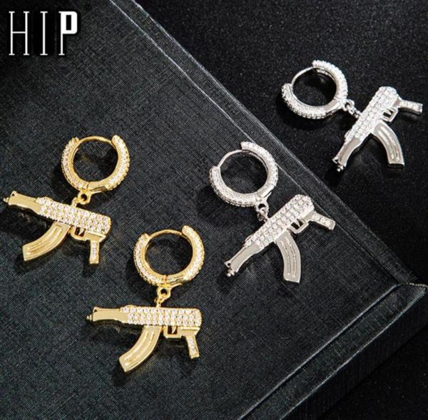 Hip Hop 1pair Iced Циркон AK47 Серьга Серьга Золото Золотая Цвет Микрооплаченный AAA Bling Cz Cone Servgs для мужчин ювелирных изделий 22021496636862455160