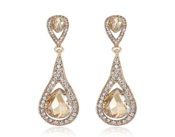 Designer de luxo Teardrop Champagne Crystal Drop Brincos para mulheres cor de ouro Dangle Fearm Long Earings Jóias de casamento de noiva1790842