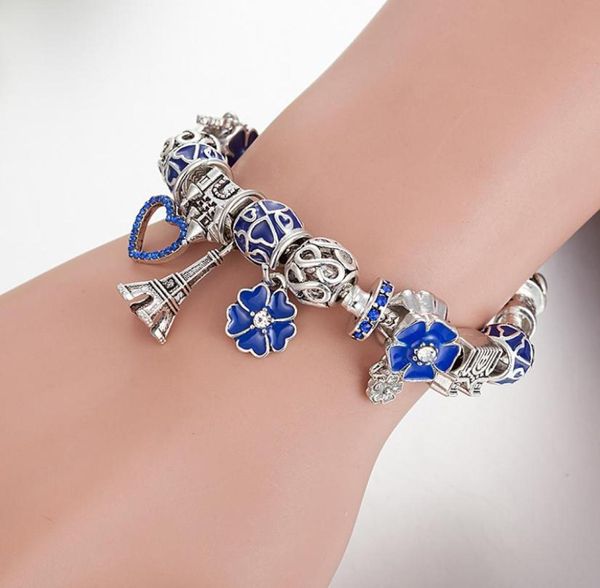 Moda Novo designer de moda Minchações FIT P Blue gotas de óleo Flores de óleo Eiffel Tower Pingente Breads Bracelet for Women Charm Jewelry1814165