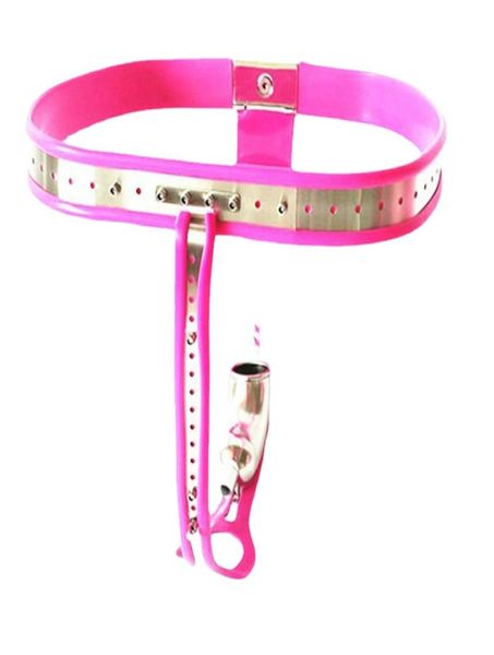 Dispositivos Modelo ajustável feminino T aço inoxidável fêmea rosa com vagina e calcinha de plugue de bunda Restrições de escravidão FET5477319