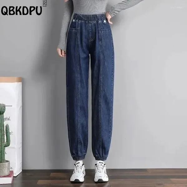 Женские джинсы повседневная эластичная высокая талия Whore Women Vintage Blue Basic Pocket Bind Pants Boyfry Style Denim Bondes