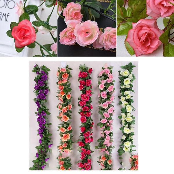 Flores decorativas 2.4m Flor artificial de seda rosa folha de folha de guirlanda vinha home home wedding jardim de casamentos de tributos florais escadas Deation