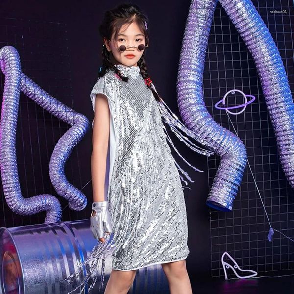 Stage Wear Kids Hip Hop abbigliamento Silver paillettes ardente Abito sferzato Girls Kpop Outfit Dance Ball Room Dance COSTUME Jazz vestiti XS7845