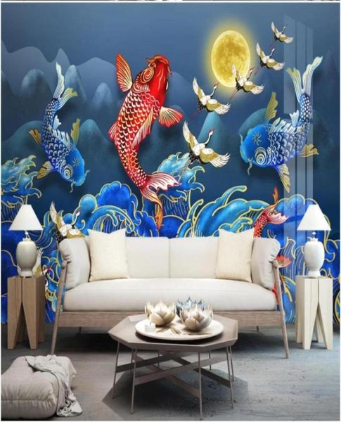 Carta da parati 3d personalizzata in stile cinese koi carpa acqua di acqua crane paesaggio decorazione da sfondo murali da parete 3d per pareti5952147698