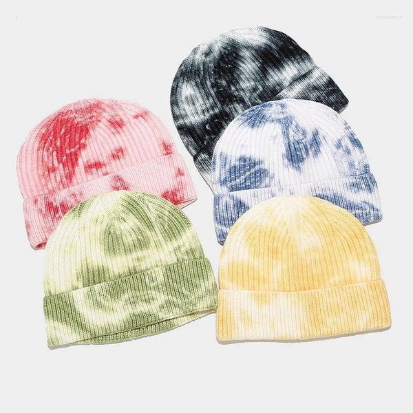 Boinas estilo de moda tie-dye chapéu de malha feminina rua tendência de lã melão homens outono gorro quente