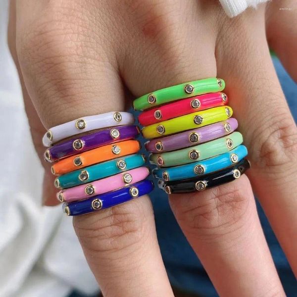 Ringos de cluster 10pcs Verão Design simples Crystal Zircon Micro Paving Ring Rainbow Color esmalte jóias femininas para presente