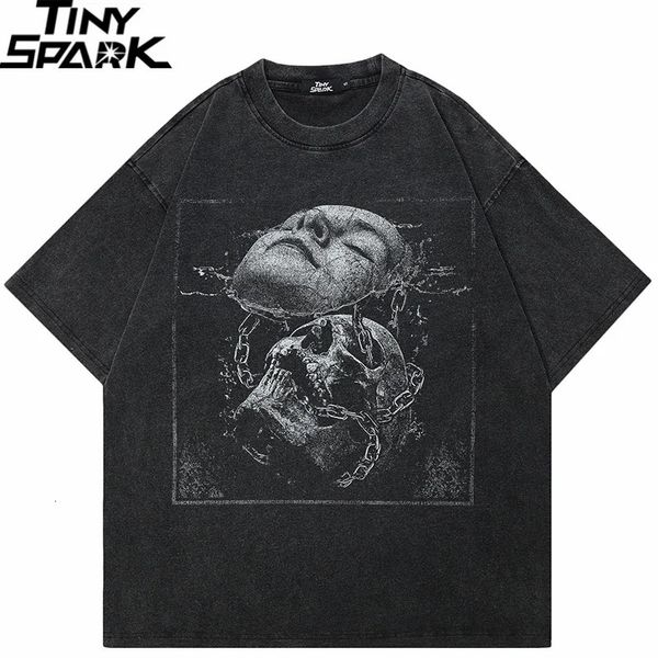 2024 Hip Hop Street Kleidung Retro Wash schwarz T-Shirt Herren Cracked Face Skull Graphit T-Shirt Cotton T-Shirt Harajuku Top Unisex T-Shirt 240426