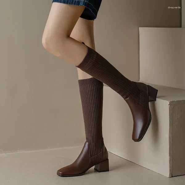 Botas 2024 Autumn e Winter Fashion Splicing Slitts Slimming Socks Square Toe Knee-Alter Bootsno9