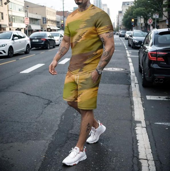 T-shirt de verão masculino Conjunto de camisetas de verão 3D Splicado retrô de poliéster ao ar livre usa shorts de manga curta duas peças S-5xl