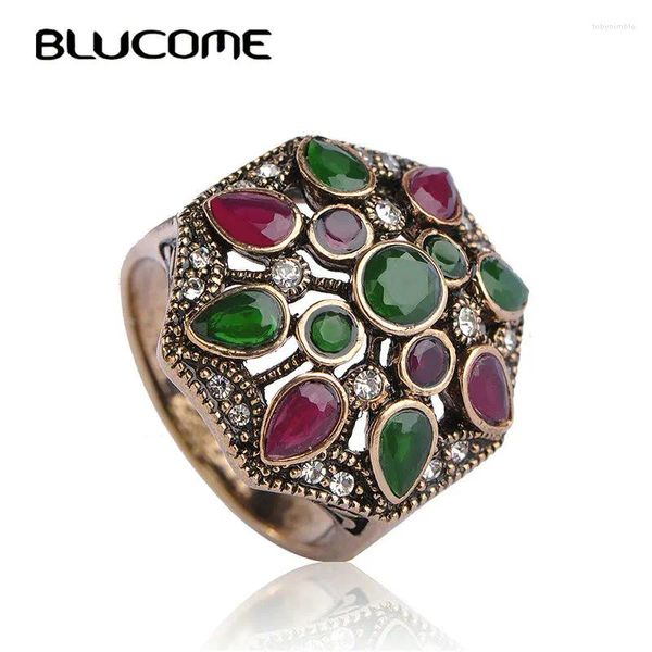 Clusterringe Blucome Vintage türkischer Truthahnstil rund grün weite große Ring Antiquitäten Goldfarbe Harz Frauen Hochzeitsfeier Accessoires Bijoux