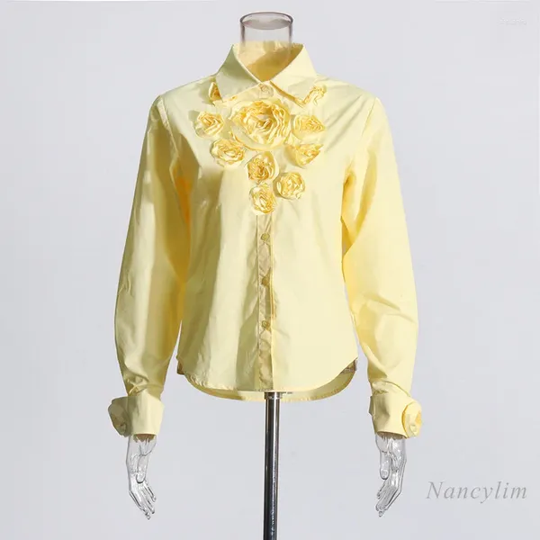 Blusas femininas elegantes costura de flor camisa amarela decorativa para mulheres 2024 LAPEL BOTONS CASUAL VERSÁTIL BLOUS