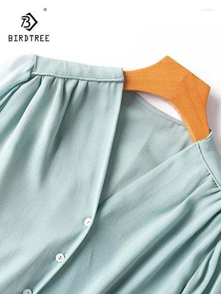 Kadın bluzları kuş düğmeleri aşağı uzun kollu bluz gerçek dut ipek kadın gömlek aqua mavi renk v boyun astı üst t36950qc