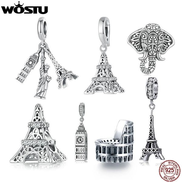 Wostu Retro 925 Sterling Gümüş Seyahat Dünyası Eyfel Kulesi Charms Büyük Ben Kolye Vintage Fil Boncuk Fit Diy Bilezik Kolye 240428