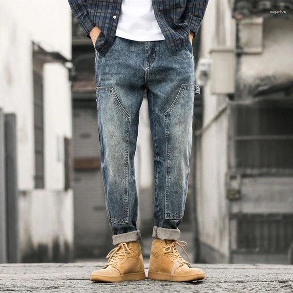 Jeans maschile per uomini con tasche dritte blu maschio pantaloni pantaloni pantaloni ritagliati inverno lavati regolari di alta qualità buggy xs