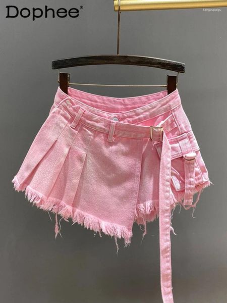 Saias de jeans irregulares culotes mulheres 2024 verão doce rosa na cintura alta emagrece da cintura falsa de duas peças feminina mini-saia feminina