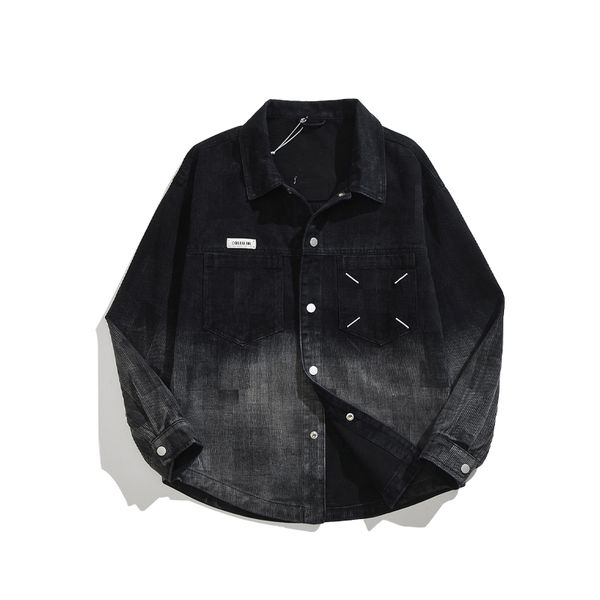 Elegante camicia a maniche lunghe maschili da uomo con colletto a corto di pedaggio in cotone biologico e materiali riciclati Denim Etichetta da ricamo da etichetta sciolta versatile streetwear