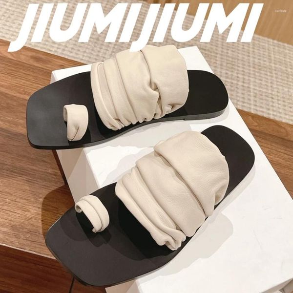 Slippers S 2024 Jiumijiumi Made Mulher Sapatos de couro Flip-flops Flip-flops com sólido externo conciso