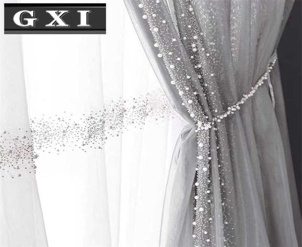 Gxi White Pearl Rama ricamato Tenda per tulle per soggiorno grigio Luxury Voile perle in pizzo Finestra Balcone Tena Drapes Decor 2107122912658