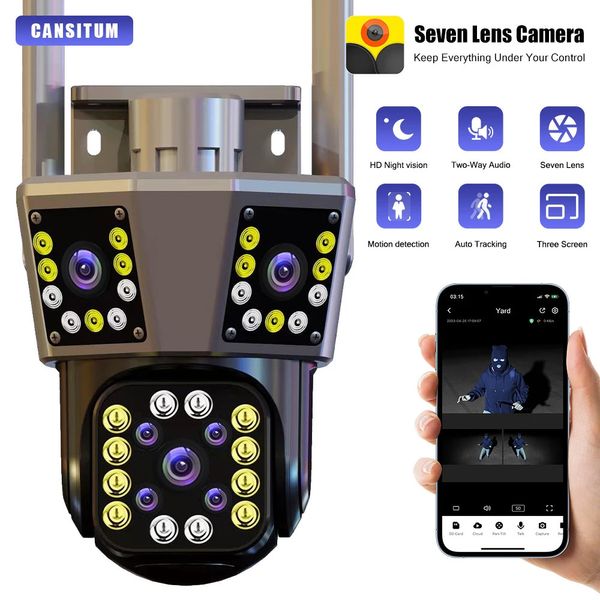 Cansitum 12MP 6K WiFi IP fotocamera esterna Tracciamento Motion Tleing PTZ 4K Camera da tre lenti a tre screen impermeabile Sistema di sicurezza 240419