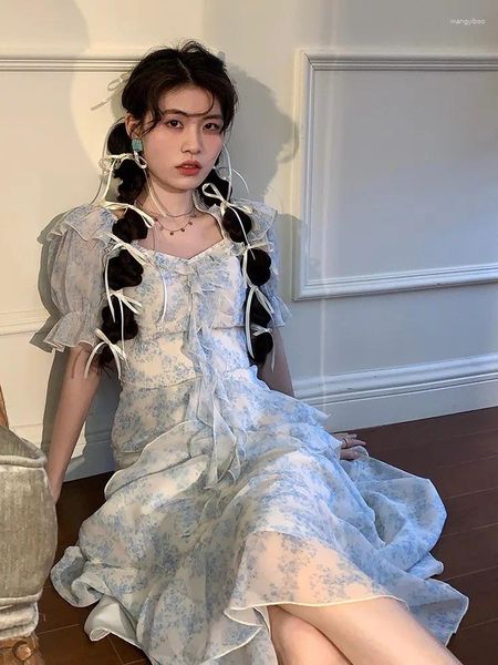 Lässige Kleider Lolbook 2024 Sommer Elegantes Blumendruck Rüschenkleid Frauen Puff der Ärmel Fairy Party Lady Holiday Beach Blue Chiffon