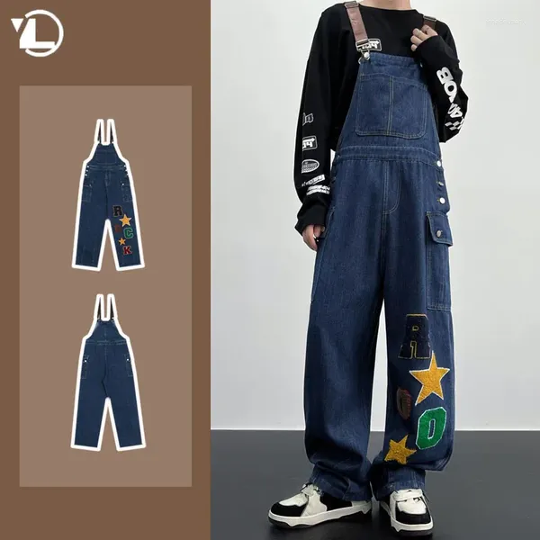 Jeans masculinos Y2K Retro Retro Masculino Macicleiro Americano de Hip-Hop Letra Bordada Macacão de Cowboy Bumbo Suspender de pernas largas