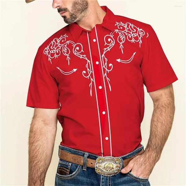 Camisas casuais masculinas Top Red Western Print Lapela Single -Camisa curta resfriada -Sleeved Shirt Fashion Street Clothing 2024 Summer