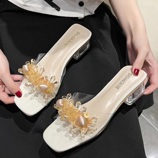 Hausschuhe Modefarbe Kristall Frauen High Heels Sommer bequeme Quadratschuhe Ladies Sandalias Zapatos de Mujer