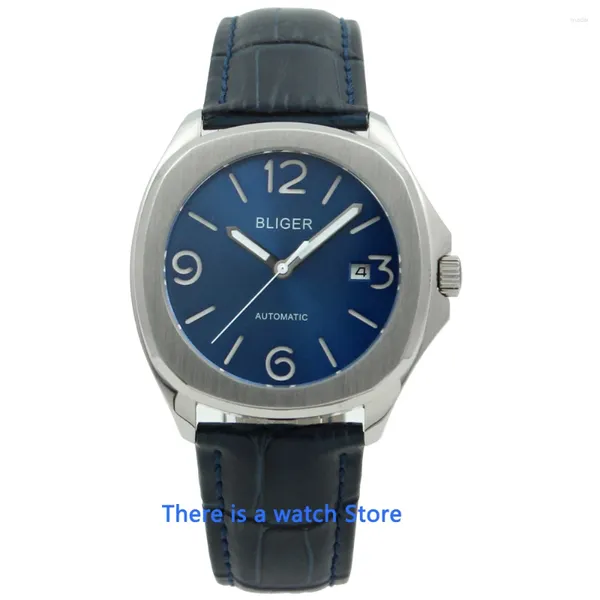 Relógios de pulso 40mm Blue Dial Square Miyota Men's Automatic Sapphire Glass Luminous Date Window Leather Strap Watch Men