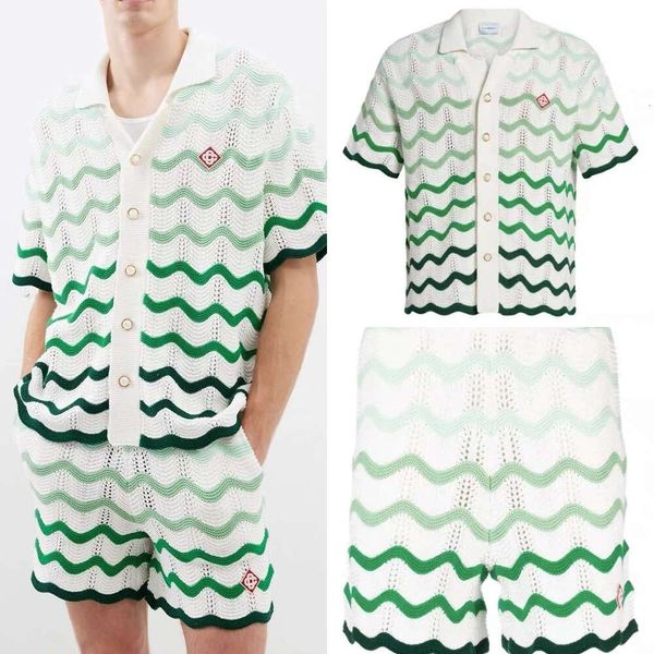 24SS Casa Blanca Designer de lã malha Cardigan Camisa Novos homens e mulheres gradiente de onda verde bordado