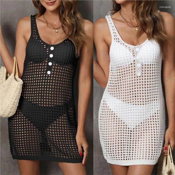 Strandkleidung Frauen 2024 Deck Sommer für Kleiderknopf Dekoration hohles Hemd Sexy Sundress Solid Polyester Bademantel die Spitze