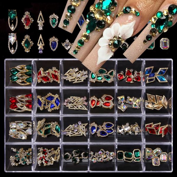 Большая коробка роскошная блестящая алмазная ноговая стазах хрустальные драгоценные камни комплекты для гвоздей Diy Glass Multi Shape Metal Charms 240426