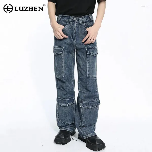 Jeans masculinos Luzhen Solid 2024 Style Multi-Pocket Mishyp Patchwork America