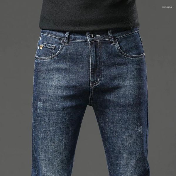 Erkekler Kot 2024 Mens Streç Moda İnce Uygun Düz İş Denim Pantolon High Canitel Dört Sezon Pantolon