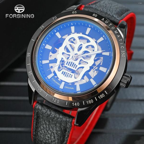 Avanadores de pulso Moda abandonando a marca Men's Casual Night Glow Skull Hollow Out Skeleton Leather Mechanical Automatic impermeável Relógios à prova d'água