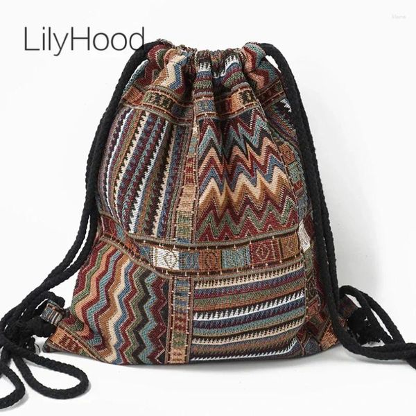 Bolsas escolares 2024 feminino mochila mochila feminina Bohemian Boho Chic Aztec Ibiza Tribal Casa étnica Brown Brown Drawstring Rucksack