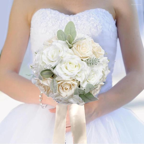 Flores decorativas Yan Buquês de casamento branco cremoso para a noiva dama de honra de rosa artificial, decoração da igreja de buquê