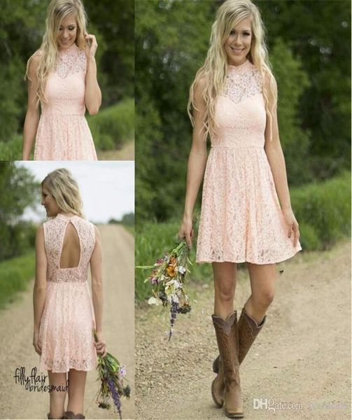 Modest Country Western Western Lace Completa Peach Lace curta Dama de dama de honra Vestidos de uma linha de casamento de casamento de pescoço alto