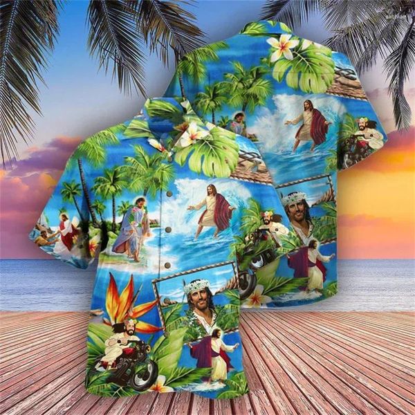 Мужские повседневные рубашки летняя 3D -печать христиане Иисус Дети Модная уличная одежда блузки мужские гавайские крутые хараджуку