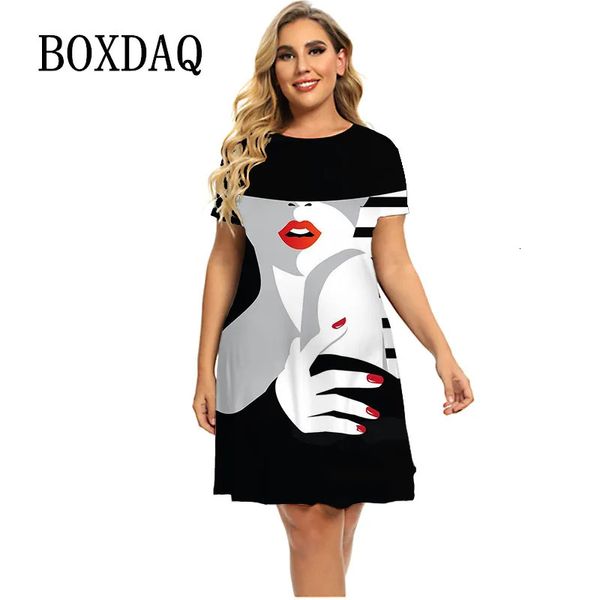 3d soyut baskı boya elbisesi kadınlar için yaz kısa kollu moda rahat yuvarlak boyun gevşek giyim artı boyut 6xl 240422