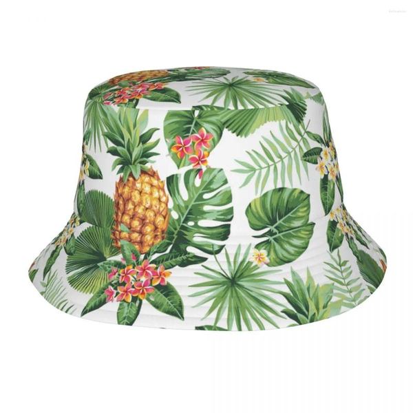 Berets Kopfbedeckung Ananas Tropical Fruit Blume Blumengrün pflanzener Merch Eimer Hut Trendy Sonne Hats Panamka UV Schutzfischerei Kappe