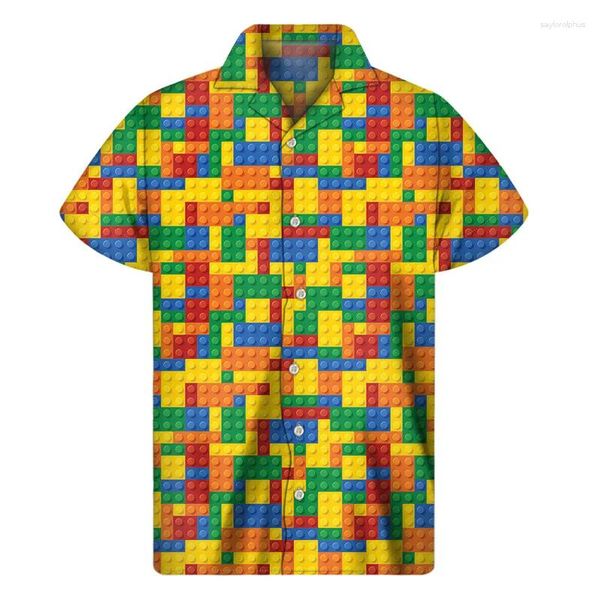 Camisas casuais masculinas Blocos criativos de construção de brinquedo 3d Camisa de impressão masculina Hawaiian Tops Rua Lapela Aloha Blows Blood Mangas curtas